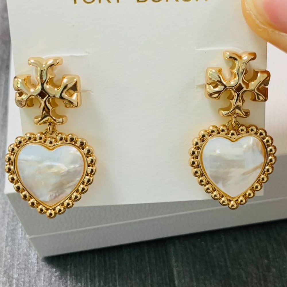 Tory Burch ROXANNE Beaded Love Heart Asymmetrical Pendant Earrings